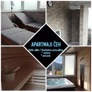 Apartma Čeh في Gabrovica pri Črnem Kalu: مجموعة من الصور لغرفة مع حوض استحمام