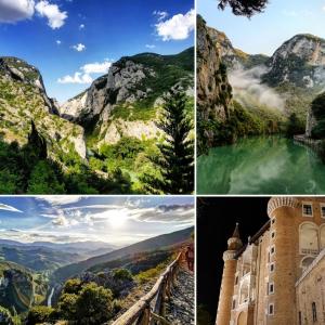 a collage of photos with mountains and a castle at B&B Aquilegia in Acqualagna