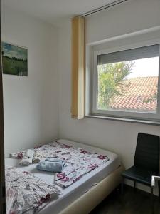 a bedroom with a bed and a window and a chair at Appartma Katja in Gabrovica pri Črnem Kalu