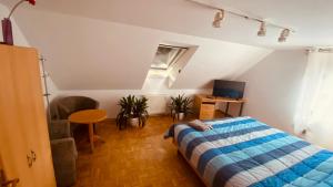 1 dormitorio con 1 cama, 1 silla y 1 mesa en G.O.D. Ferienwohnung, en Bad Mergentheim