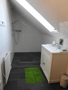 baño con ducha y lavabo con alfombra verde en Ferienhaus "Platzhirsch" en Hollenstein an der Ybbs