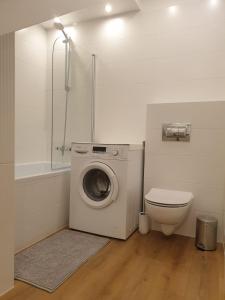 a bathroom with a washing machine and a toilet at Apartament Podmiejska Stargard in Stargard