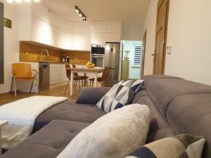 a living room with a couch and a kitchen at Apartament Podmiejska Stargard in Stargard