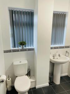 a bathroom with a toilet and a sink at Wolverhampton Large 3 Bedroom 5 bed House Perfect for Contractors Short & Long Stays Business NHS Families Sleeps up to 5 people Private Garden Driveway for 2 large Vehicles Close to City Centre M6 M54 and Walsall Willenhall in Wolverhampton