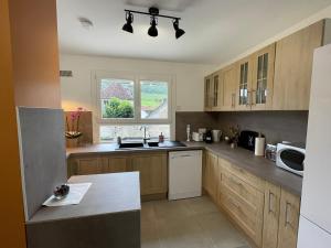 a kitchen with wooden cabinets and a sink and a window at Maison de campagne entre vigne et bois in Chablis