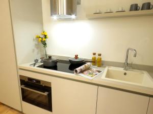 uma cozinha com duas panelas no fogão e um lavatório em Ariosti Apartment em Bolonha