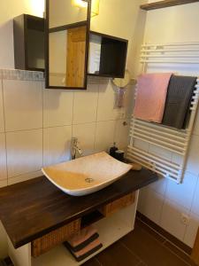 a bathroom with a sink and a mirror at Unser Dahoam in Wallgau