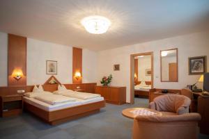 Habitación de hotel con cama y silla en Fleger Appartements, en Viena