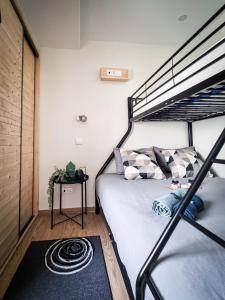 a bedroom with a bunk bed with a black at Cantinho do Chico in Vila Nova de Gaia