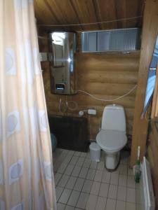 uma casa de banho com um WC e uma cortina de chuveiro em Holiday Cabin Kerimaa 53 em Savonlinna