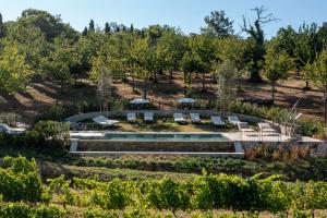 un jardin avec des chaises et des parasols sur une colline dans l'établissement Villa Le Prata - Farm House & Winery - Adults Only, à Montalcino