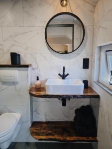 een badkamer met een wastafel en een spiegel bij Kavel 90 in Den Burg