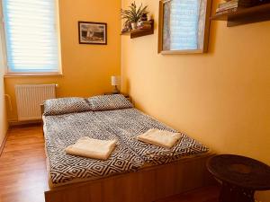 ein Schlafzimmer mit einem Bett mit zwei Kissen darauf in der Unterkunft Victoria Apartman in Eger