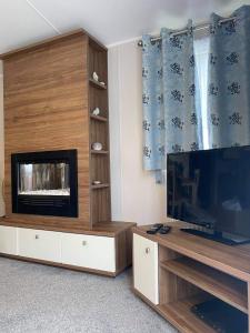 a living room with a flat screen tv and a fireplace at Kellys Holiday Homes 24 Willerby 2 bedrooms caravan in Weeley