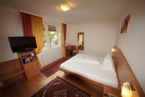 Schlafzimmer mit einem Bett und einem Flachbild-TV in der Unterkunft Der Marienhof Hotel Garni in Graz