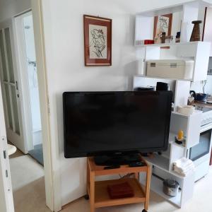 a flat screen tv sitting on a stand in a living room at Kunstoase am blauen Haus in Dresden