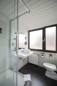 een badkamer met een toilet, een wastafel en een douche bij Hotel Avenue Altenfurt in Neurenberg