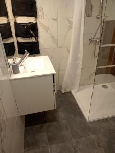 a bathroom with a sink and a shower at Appartement situé à 200m de la mer in Canet-en-Roussillon