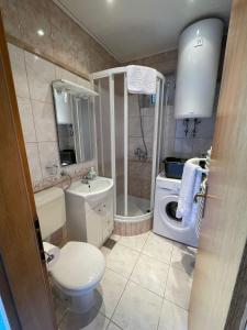 a bathroom with a toilet sink and a washing machine at Tole Villa Podaca in Podaca