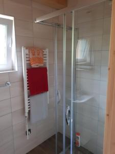um chuveiro com uma porta de vidro e uma toalha vermelha em Roubenka Strmá em Jeseník