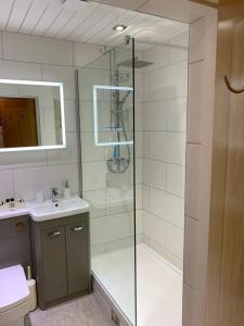 a bathroom with a shower and a toilet and a sink at Minster View Apartment at Talbot Court, York in York +20 photos