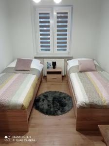 sypialnia z 2 łóżkami i dywanem na podłodze w obiekcie Apartament na parterze w mieście Stalowa Wola