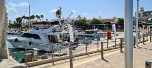 two boats are docked at a marina at Latchi Area Apartments in Lachi