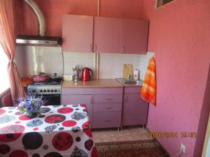 eine kleine Küche mit einem Tisch und einem Herd in der Unterkunft Paradise Apartment in Bischkek