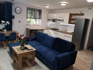 a living room with a blue couch and a kitchen at Apertament KOSMOS in Zabrze