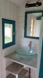 baño con lavabo verde y espejo en Roulotte Framboise, en Vaux-en Couhé