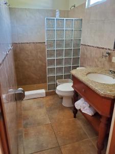 a bathroom with a sink and a toilet and a shower at Turtle Bay Inn in Lajas