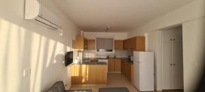 a kitchen with wooden cabinets and a white refrigerator at Latchi Area Apartments in Lachi