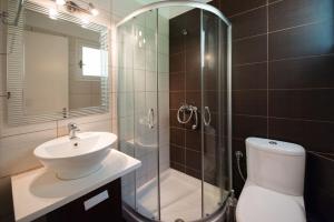 a bathroom with a shower and a toilet and a sink at Ilios Studios in Lefkada +30 photos