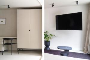 two views of a living room with a tv and a stool at Hotel âme in Rotterdam