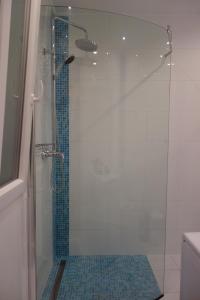 a bathroom with a shower with a glass door at RingAvenue Apartments Budapest in Budapest