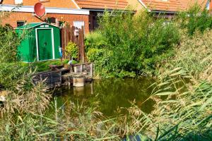 - un jardin avec une porte verte à côté d'une masse d'eau dans l'établissement Ferienhaus Kristina, à Hooksiel