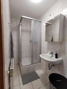 uma casa de banho branca com um chuveiro e um lavatório. em 15 Vogelnest em Parchtitz