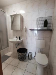 uma casa de banho branca com um WC e um lavatório em 15 Vogelnest em Parchtitz