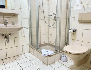 ein Badezimmer mit Dusche, Toilette und Waschbecken in der Unterkunft SAD171 - Monteurappartement in super Lage in Schwandorf in Bayern