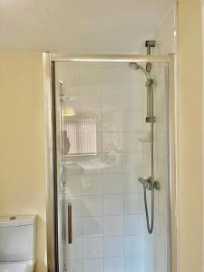 a shower with a glass door next to a toilet at Lt Properties Studio apartment Ground floor 3 in Luton