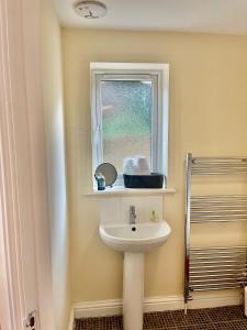 a bathroom with a sink and a window at Lt Properties Studio apartment Ground floor 3 in Luton