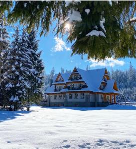 a house covered in snow in a snowy field at Rezydencja Kojsowka in Witów