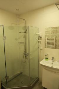 a bathroom with a glass shower and a sink at Paramount Kazbegi in Kazbegi