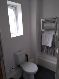 a white bathroom with a toilet and a window at Stylish Private Double Room w/ensuite in London