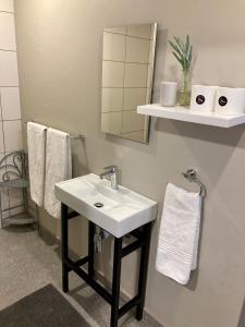 a bathroom with a sink and a mirror and towels at Tidor Garden Cottage in Bloemfontein