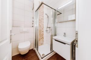 a bathroom with a shower and a toilet and a sink at Sonne-Strand-Binz in Binz