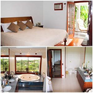 two pictures of a bedroom with a bed and a bathroom at Casa Flora Garden & Pool in Carapicuíba