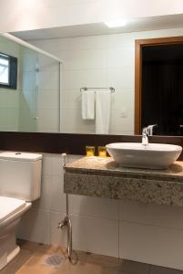 Garibaldi Business Hotel في بورتو أليغري: حمام مع حوض ومرحاض ومرآة