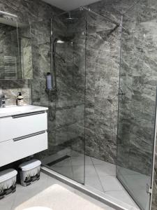 a bathroom with a shower with a glass door at Centrum in Subotica