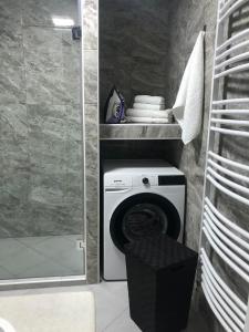 a washing machine in a bathroom with a shower at Centrum in Subotica